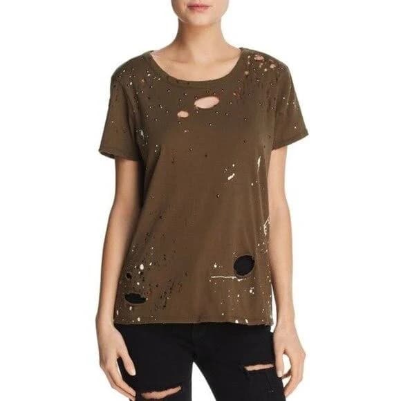 Chaser Olive Green Crew Neck Paint Splatter Distressed T-shirt S