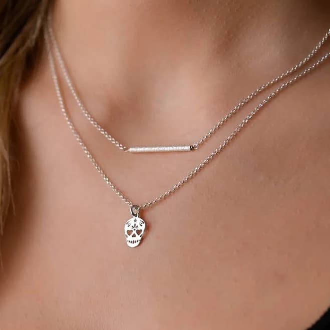 Double Layer Sugar Skull Silver Necklace