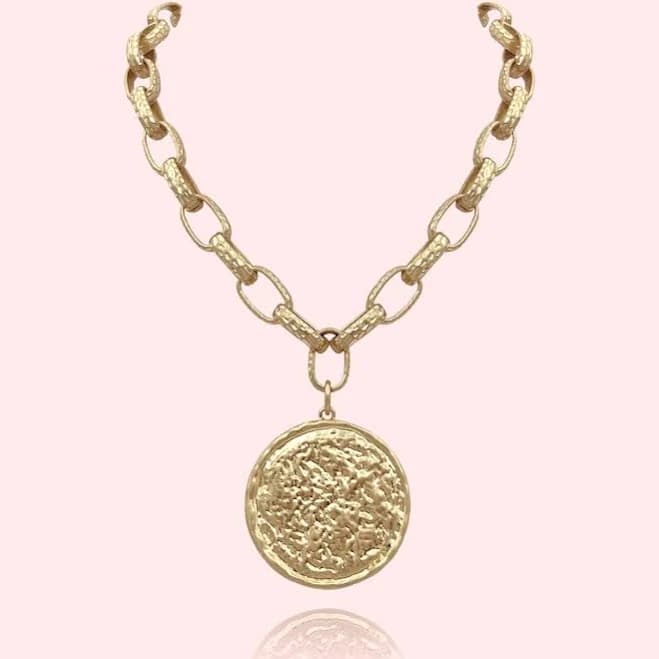 Maison Hammered Bold Round Chunky Gold Pendant Necklace