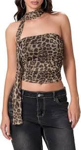 Women Leopard Tube Top Mesh Ruched Strapless Crop Top Sexy Cheetah Print Backless Bandeau Tank Top with Scarf (Brown, S) at Amazon Women's Clothing store