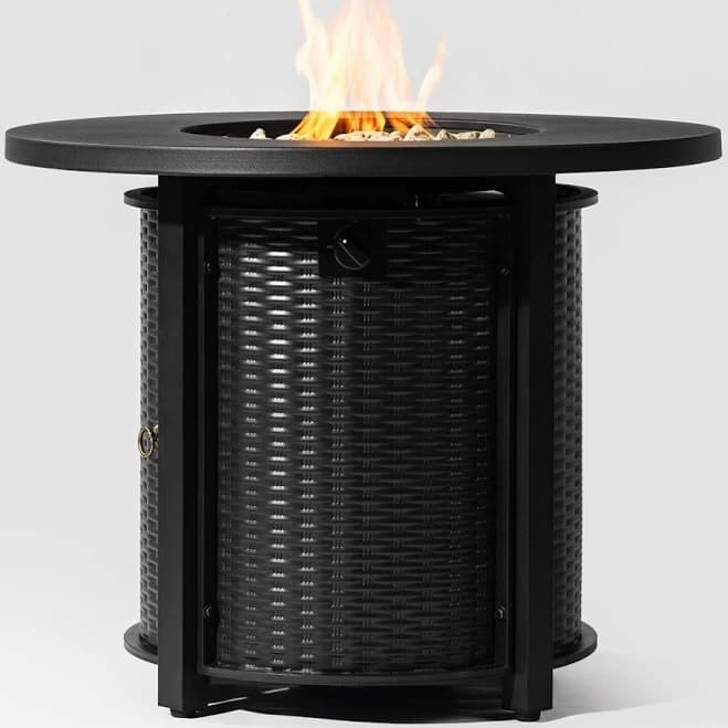 Latitude Run Round Steel Fire Pit Table with Steel Lid and Lava Rocks
