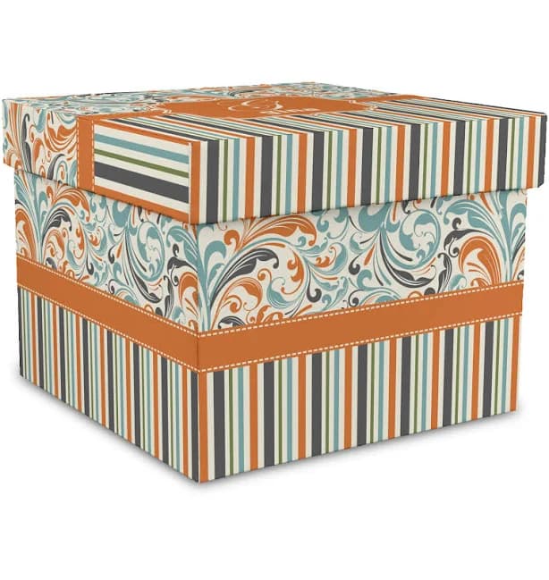 Custom Orange Blue Swirls & Stripes Gift Box with Lid - Canvas Wrapped - X-Large (Personalized)