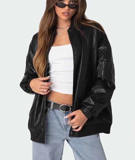 Allegra K Women's Oversized Faux Leather Moto Bomber Jacket