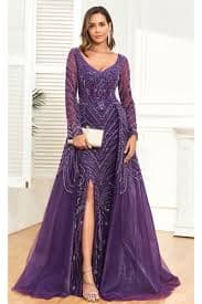 Purple High Couture NR2328 Long Formal Slit Beaded Evening Overskirt Dress - Formal Dresses & Gowns – Page 1489