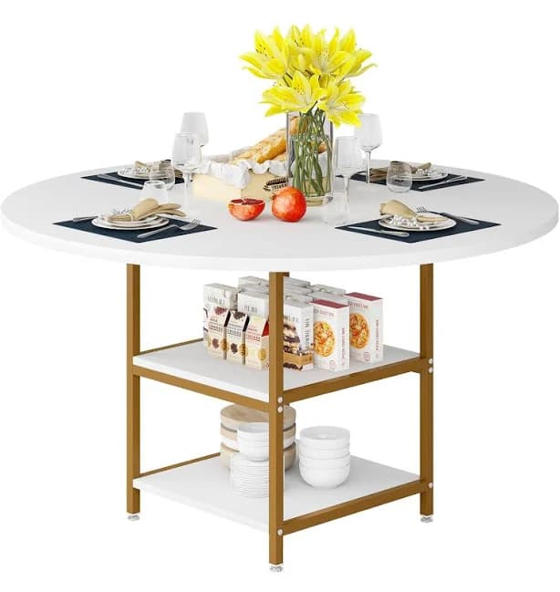 Fnova White and Gold Round Contemporary/Modern Dining Table