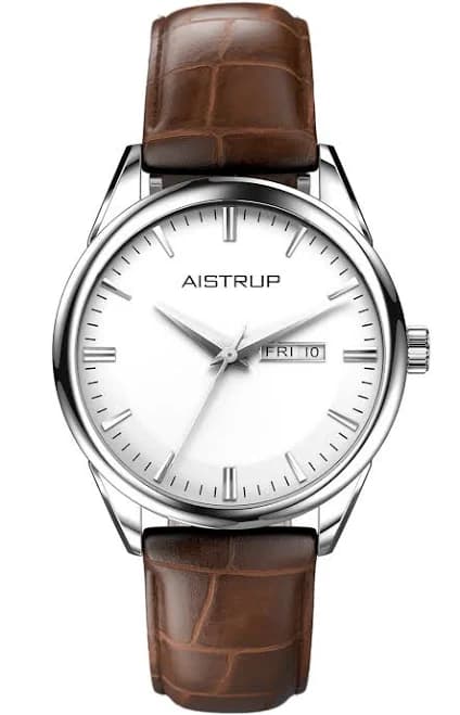 Classic men's watch with white dial, date and day display, and brown leather strap from the Aistrup Classic 78 collection aiw7801