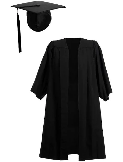 Adult Graduation Gown and Hat Set with Mortarboard Cap, University, Black, Bachelor, BA
