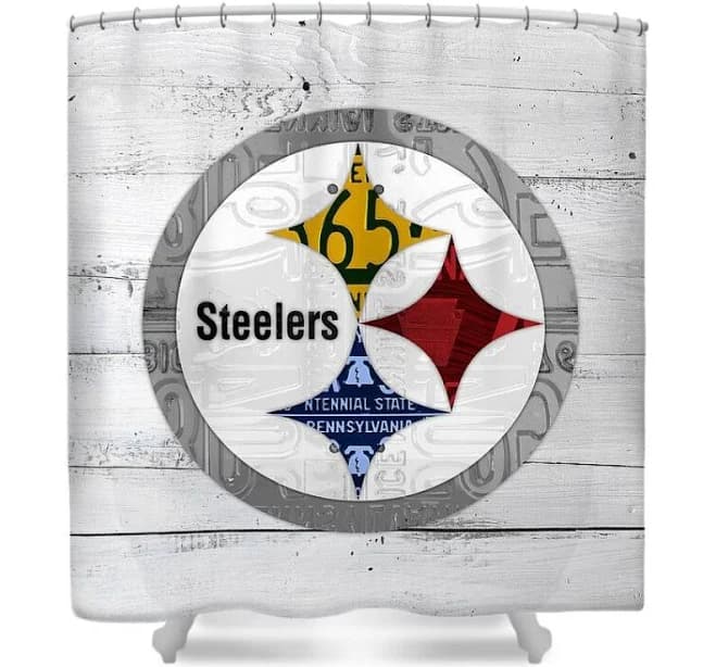 Pittsburgh Steelers Football Team Retro Shower Curtain by Design Turnpike | Steelers Logo on Wooden Background
