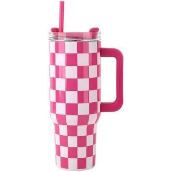 Bright Pink Checkered Print Handled Stainless Steel Tumbler Cup