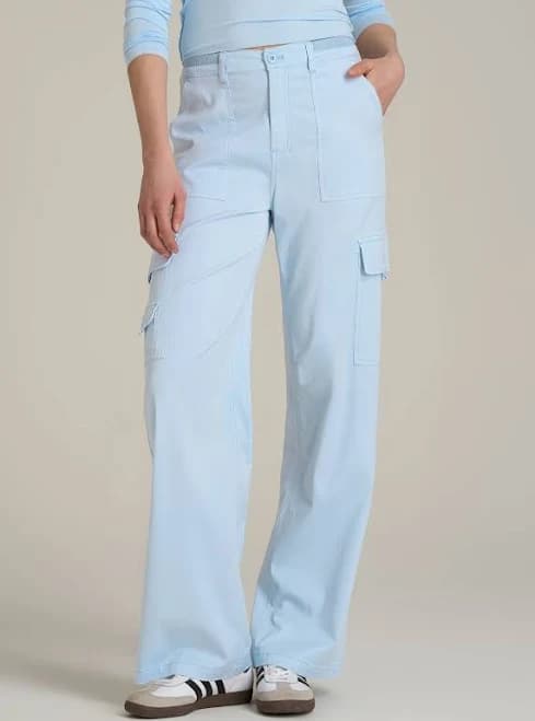 Garment Dyed Wide Leg Cargo Pants for Tall Women in Ice Blue