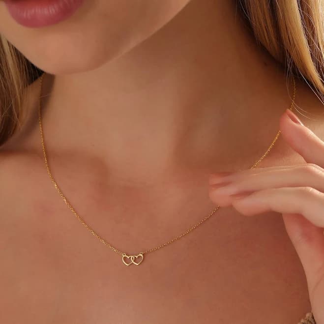 14K Gold Minimalist Double Heart Necklace