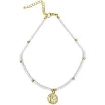 White Beaded Choker for Women with Brass Chain Pendant and 12” with Extender Lightweight Gift