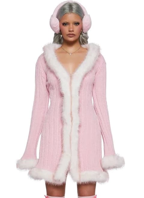 Sugar Thrillz Furry Foe Long Cardigan - Pink - PINK / Medium/Large