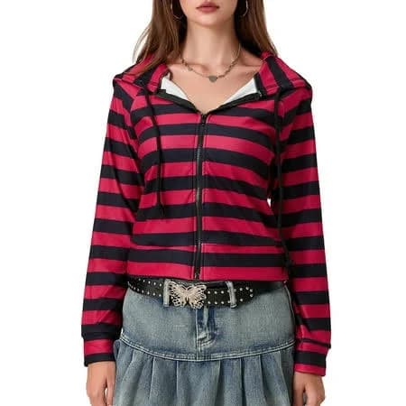 Elippeo Women's Striped Raglan Zip Up Hoodie
