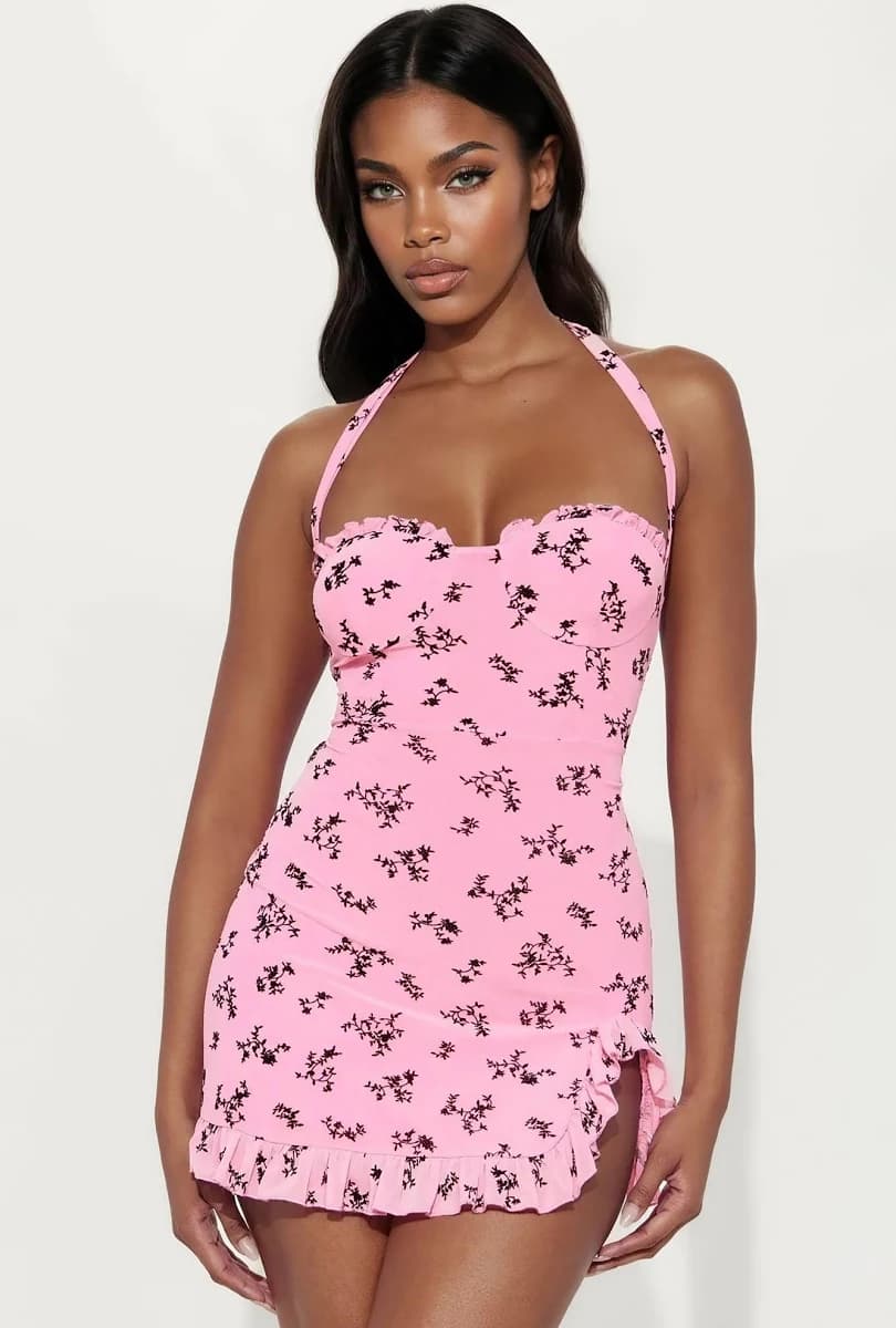 Fashion Nova Julia Flocked Bra Cup Ruffle Mesh Mini Dress