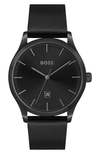 Boss Men's Three-Hand Quartz Leather Watch