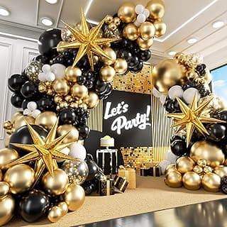 Black and Gold Balloons Garland Arch Kit, Black and Gold Party Decorations with Black White Balloon Gold Confetti Latex Balloons for 2024 Graduation Decorations Anniversary Birthday Party Decoration
