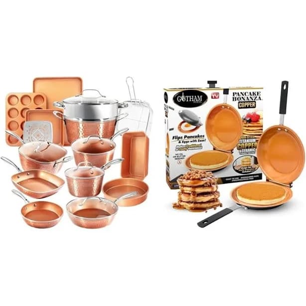 20pc Copper Cookware and Bakeware Set + Double Sided Copper Pan for Pancakes and More