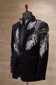 Buy Black Sequins Embroidered Suede Tuxedo Suit Online | Samyakk