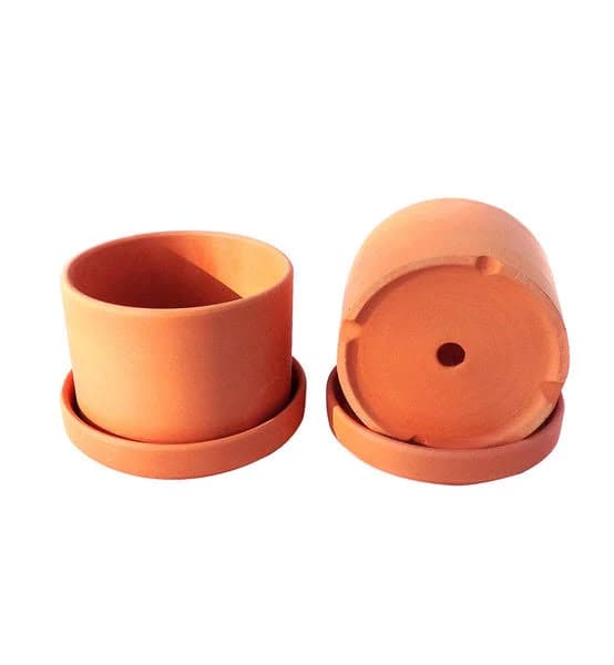 Goodman and Wife Natural Terracotta Round Fat Walled Garden Planters with Individual Trays (Set of 2)