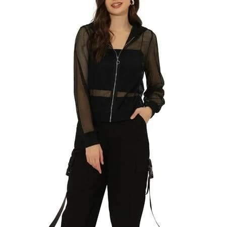 Inspire Chic Ribbed Mesh Bomber Jacket