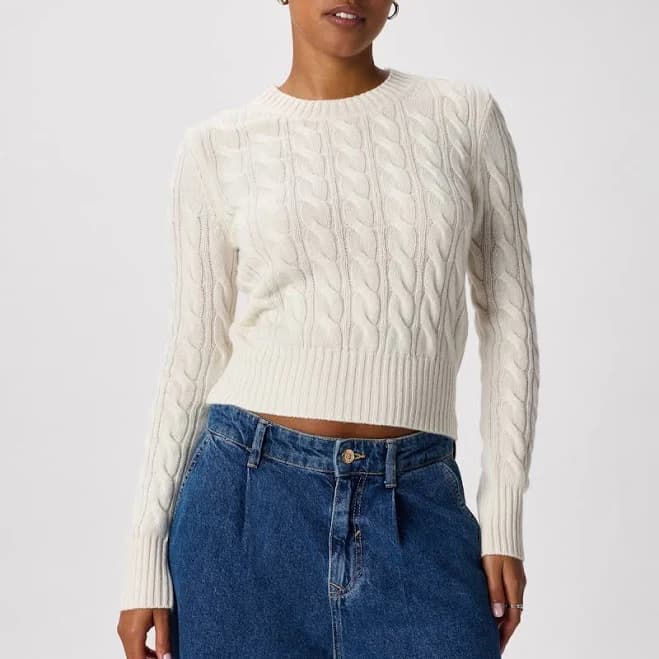 Quince Mongolian Cashmere Shrunken Cable Crewneck Sweater