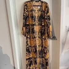 AKIRA | Jackets & Coats | Akira Gold And Black Scarf Print Sheer Kimono | Poshmark