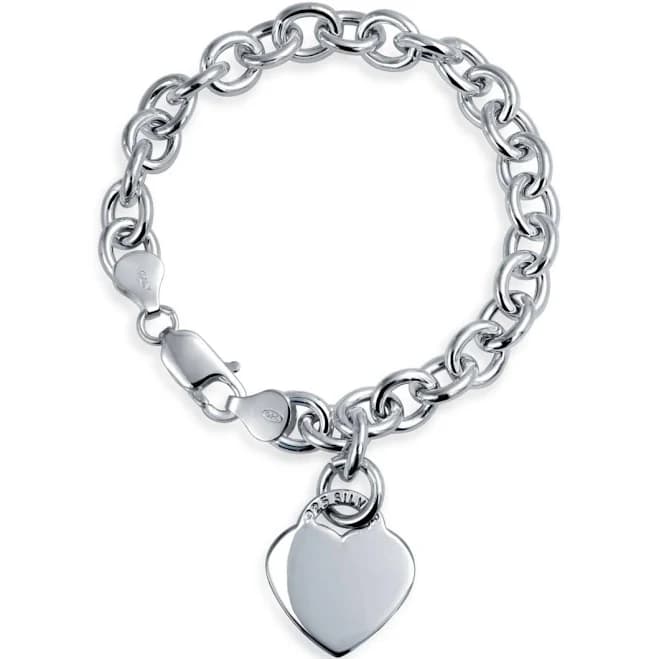 .925 Sterling Silver Heart Tag Charm Bracelet