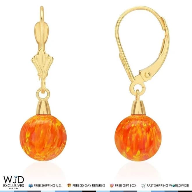 WJD Exclusives 14K Gold 8mm Ball Shaped Fire Opal Leverback Dangle Earrings