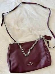 Coach Burgundy Pebbled Shoulder Bag with Chain Accent and Silver Hardware