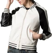 Genuine Sheepskin Leather Rib knit Collar Black Strips Bomber Baseball Sports Racer Varsity White Jacket for Women (US, Alpha, X-Small, Regular, Regular, White) at Amazon Women's Coats Shop