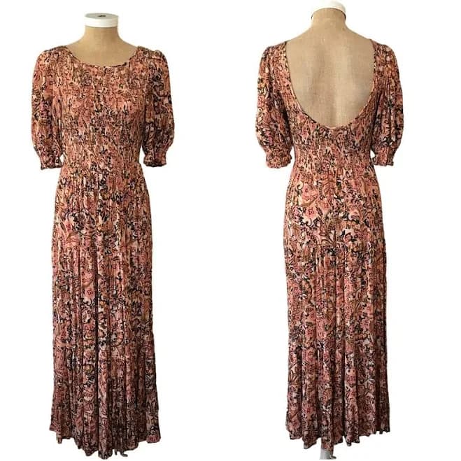 Vici Printed Puff Sleeve Smocked Bodice Tiered Maxi Floral Dress