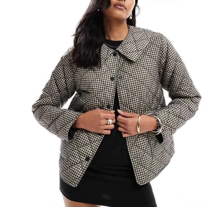 gingham-Neutral Quilted Jacket