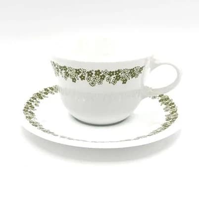 Vintage Corelle Corning Milk White Spring Blossom Crazy Daisy Pattern Small Coffee Mug and Saucer / Retro Floral Print Tea Party Host Dish