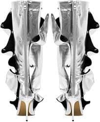 Amazon.com | XEYANFYS Knee High Boots for Women Sexy High Stiletto Heel Pointed Toe Boots 2024 Fashion Trendy Metal Rivets Wide Calf Booties Mid Calf Boots Dress Party Boots, 8, silver | Knee-High
