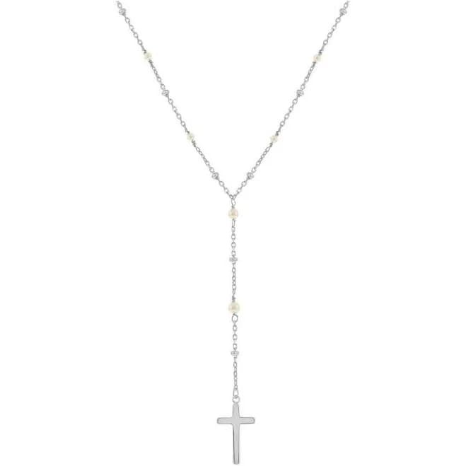 Silver Cross Pearl Bead Rosary Necklace