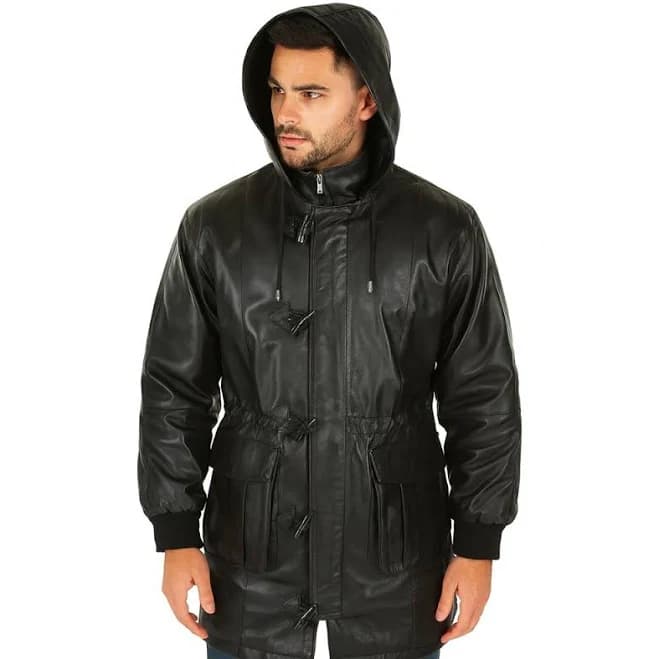 LLD Men's 3/4 Long Real Leather Duffle Jacket Coat with Detachable Hood