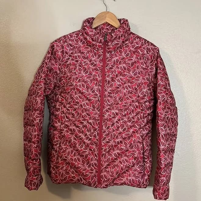 Lands’ End Down Puffer Jacket Packable Red Floral Full Zip Xs (2-4)