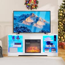 ToolCat 58 in. Freestanding Fireplace TV Stand with 18 in. Electric Fireplace insert, Adjustable Heat, Remote, Timer in White DBLH-17-DSGB - The Home Depot
