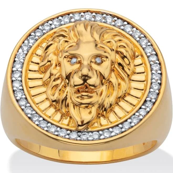 PalmBeach Jewelry 14K Gold-Plated Round White Cubic Zirconia Lion Head Ring