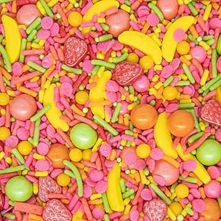 Summer Spring Fruit Sprinkles for Cake Cookie Cupcake Decorating and Baking Cake Decorations Sprinkles Toppings Pink Jimmies, Yellow Banana Nonpareils & Pink Strawberry Confetti Quin Candy Sprinkles