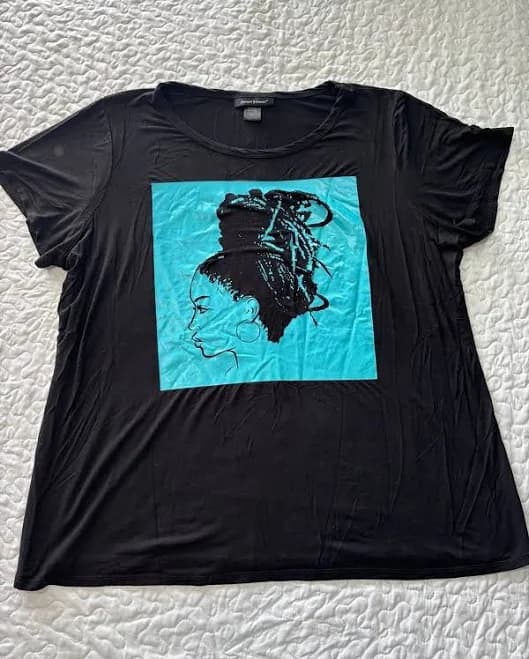 Ashley Stewart Black Blue Women Graphic Short Sleeve T Shirt Size