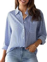 Amazon.com: MEILIFIGOO Womens Striped Long Sleeve Button Down Shirts Casual V Neck Stylish Classic Shirt Collared Office Business Work Tops with Pokets Blue : Clothing, Shoes & Jewelry