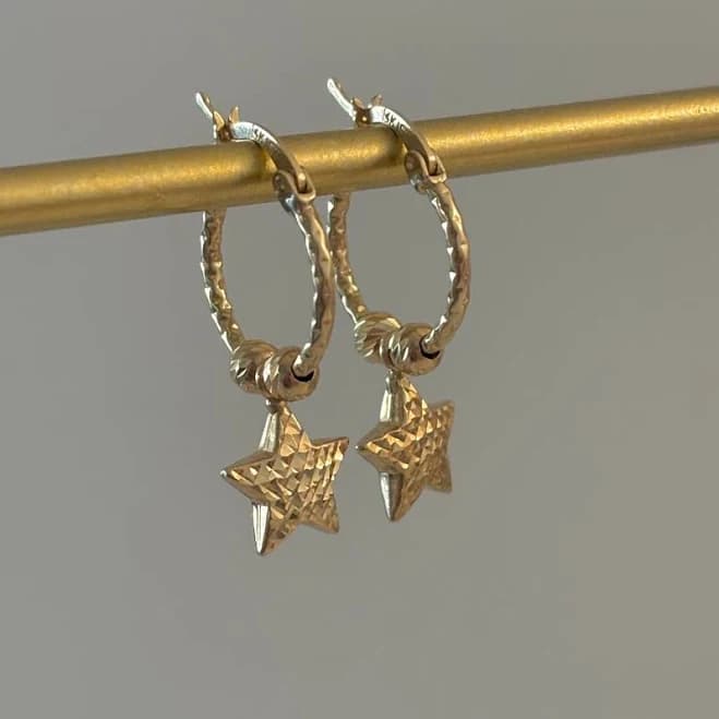 14K Gold Diamond-Cut Star Dangle Hoop Earrings