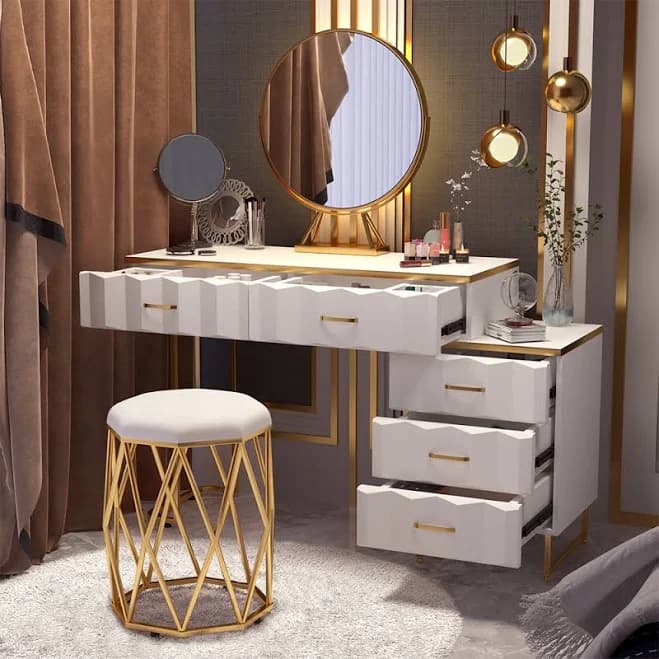 Homary Modern White Extendable Makeup Vanity with 5 Drawers, Dressing Table Set, Stool