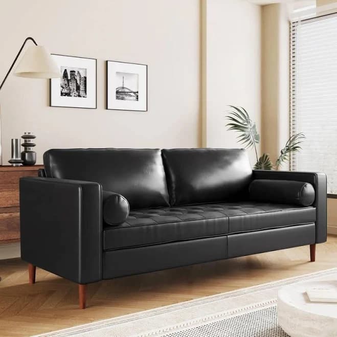 Modern 82.25 in. Square Arm Faux Leather 3-Seat Rectangle Sofa in. Black with Tufted Design, 2-Bolster Pillows