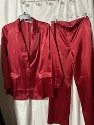 Women's Red Satin 2 Piece Blazer And Matching Wide Leg Slacks.Blazer Size LPM