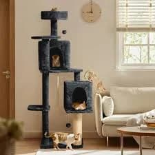 Dark Grey Multi-Level Cat Tree – Scratching Posts, Cozy Houses & Hanging Toys