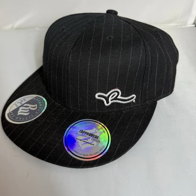 Rocawear Y2k Black With Pinstripe Fitted Cap Hat Size 7 3/8