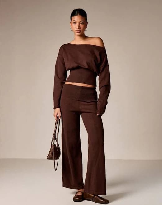 Missguided Off Shoulder Ribbed Knit Sweater and Wide Leg Palazzo Pants Two Piece Lounge Outfit
